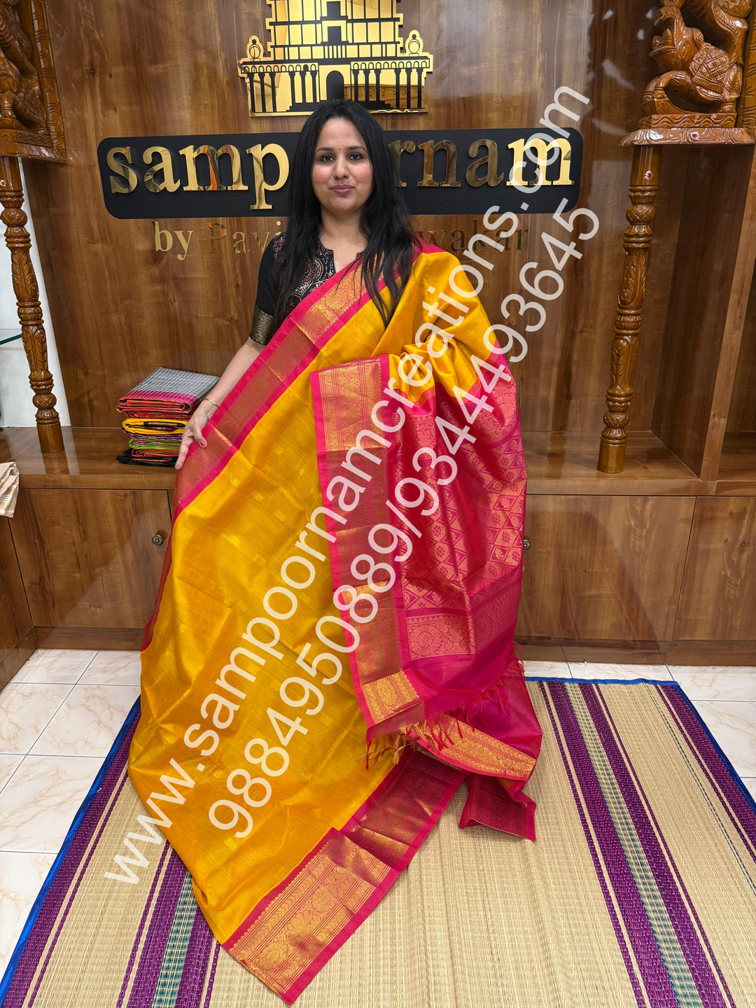 Yellow with Pink , Lotus Zari butta in the body , One side big kanchi border and rich Pallu Korvai Silk Cotton Saree