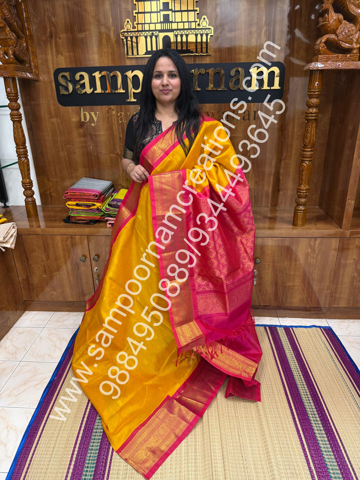 Yellow with Pink , Lotus Zari butta in the body , One side big kanchi border and rich Pallu Korvai Silk Cotton Saree