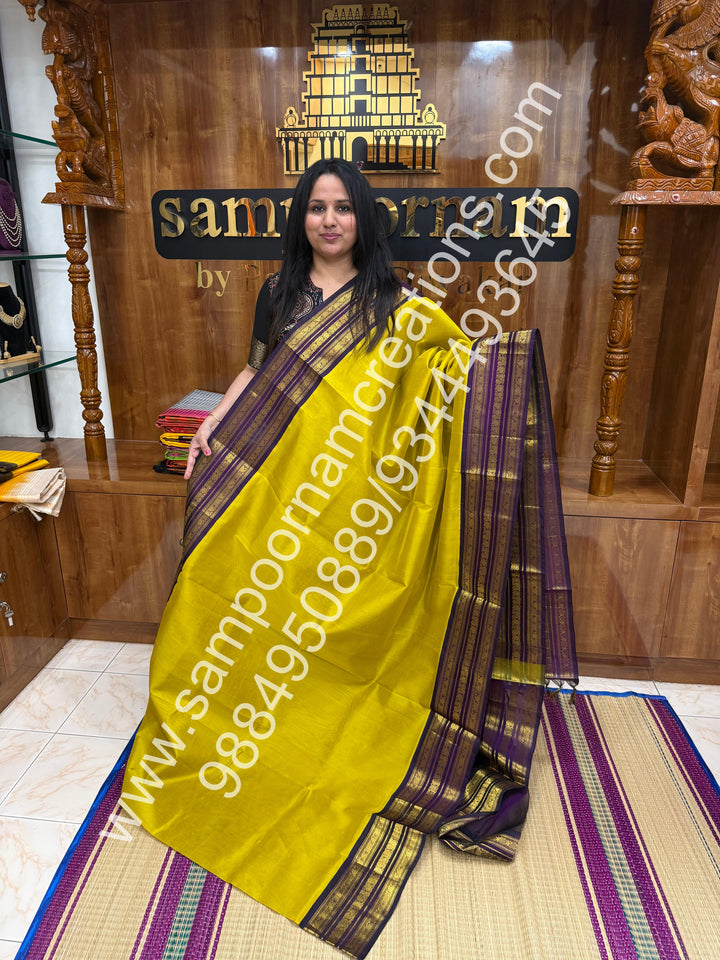 Mustard Yellow with Purple  , Traditional Kanchi  borders and rich Pallu Korvai Silk Cotton Saree