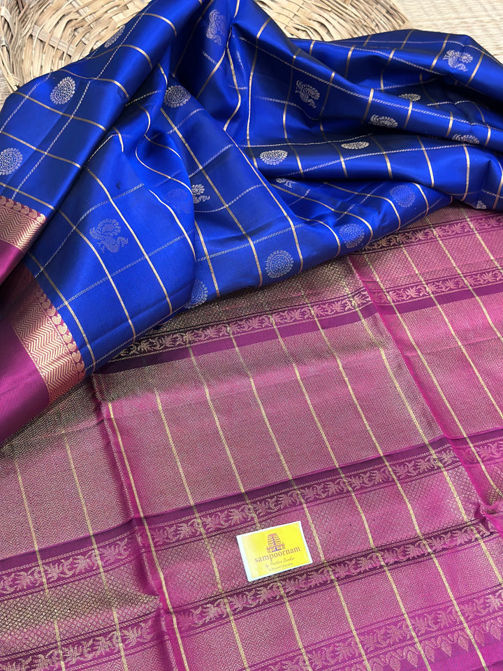 Blue with Magenta Mayil Chakram Zari Checks Pure Soft Silk Saree