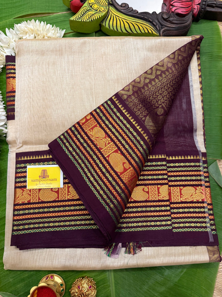Beige with Dark Brown ,Rich Big Traditional Kanchi Borders and Grand Pallu Korvai Silk Cotton Saree