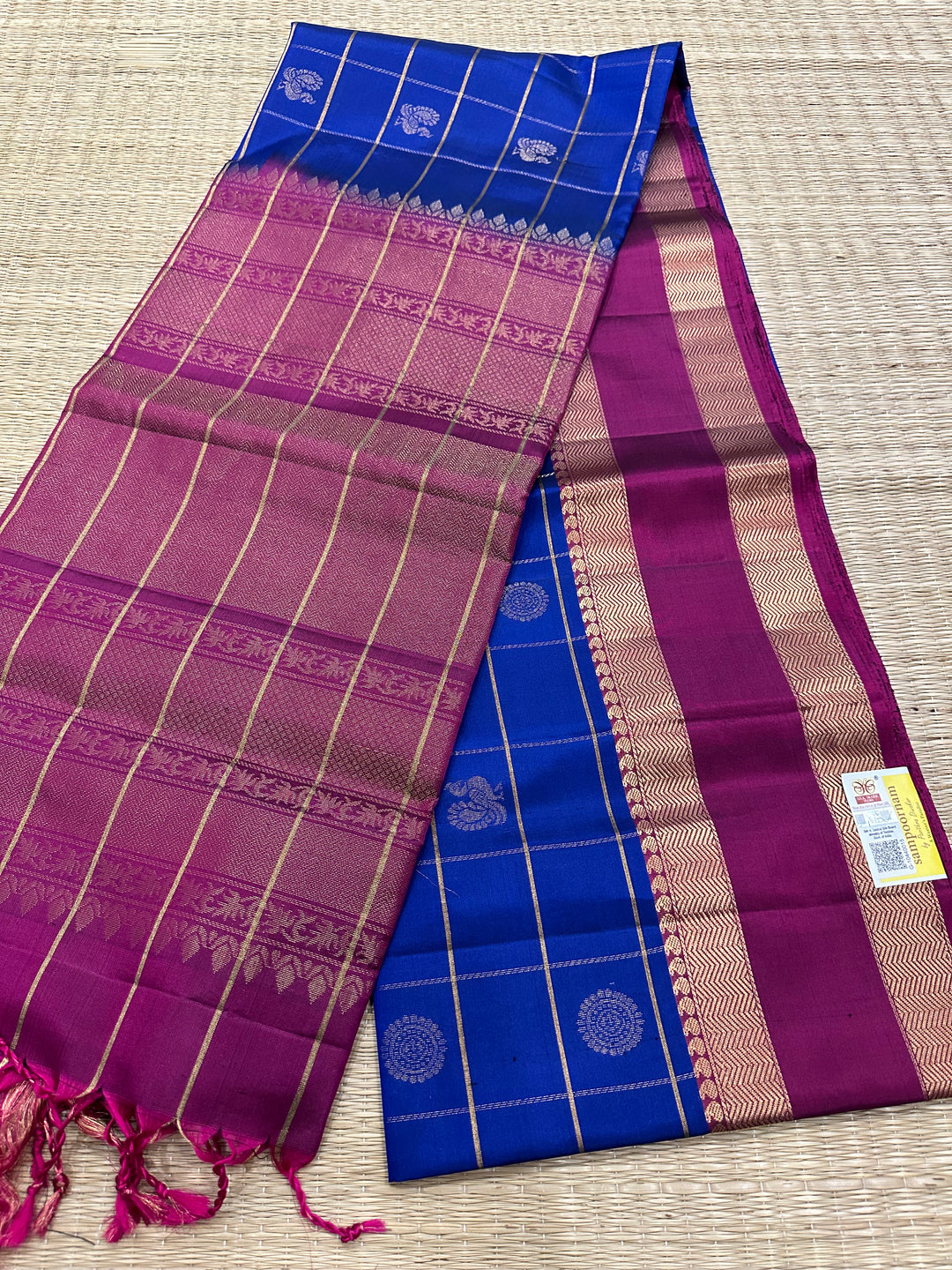 Blue with Magenta Mayil Chakram Zari Checks Pure Soft Silk Saree