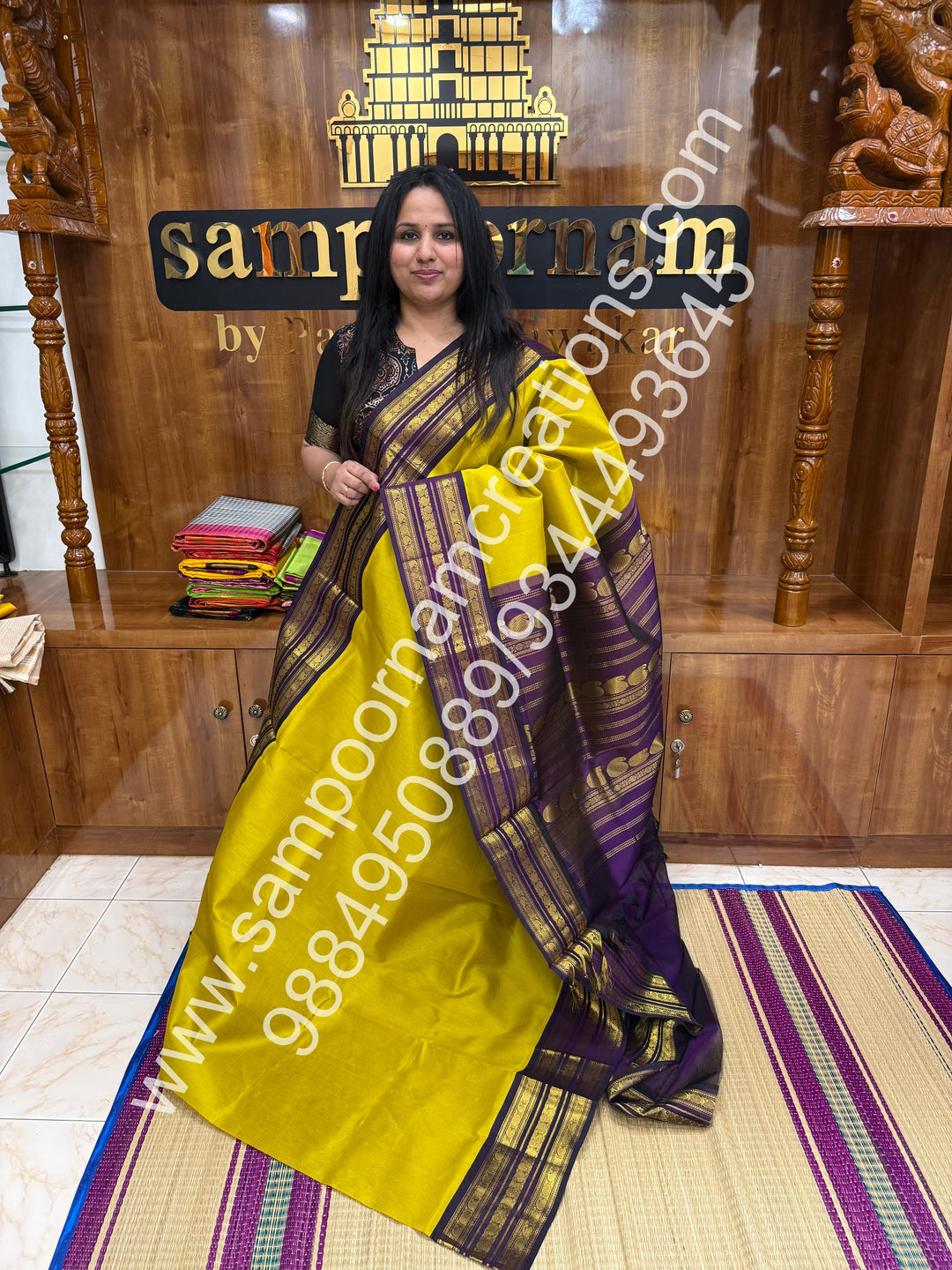 Mustard Yellow with Purple  , Traditional Kanchi  borders and rich Pallu Korvai Silk Cotton Saree