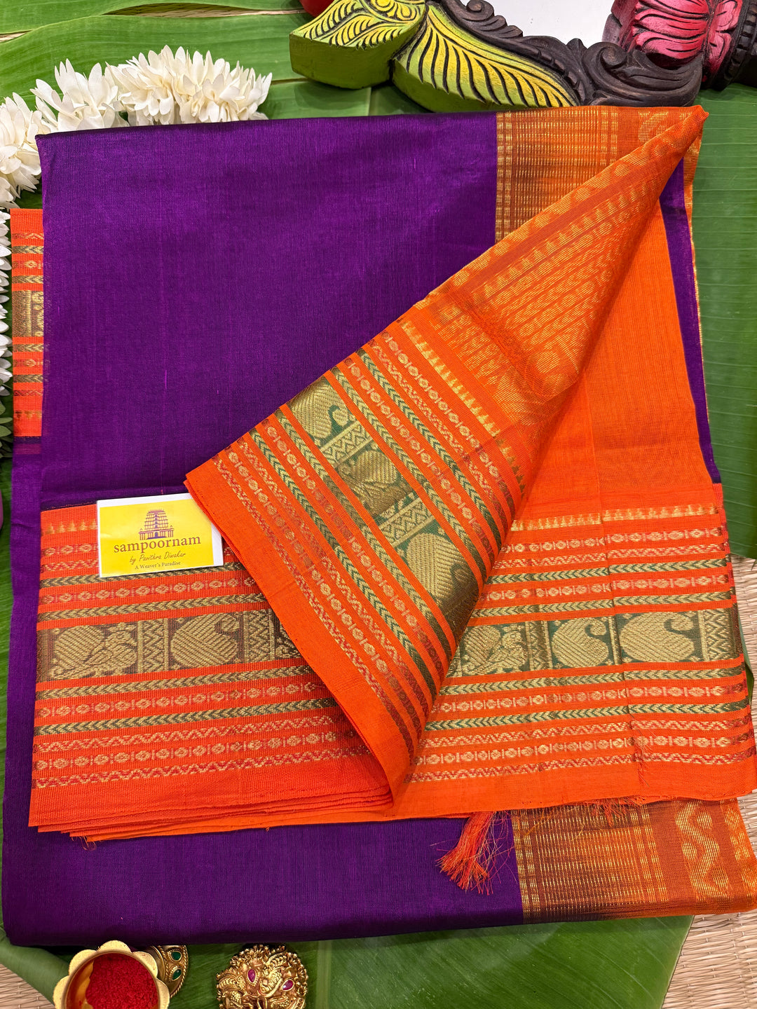 Purple with Orange ,Rich Big Traditional Kanchi Borders and Grand Pallu Korvai Silk Cotton Saree
