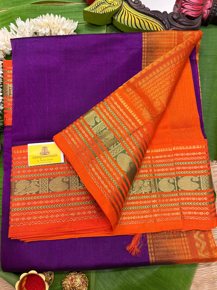 Purple with Orange ,Rich Big Traditional Kanchi Borders and Grand Pallu Korvai Silk Cotton Saree