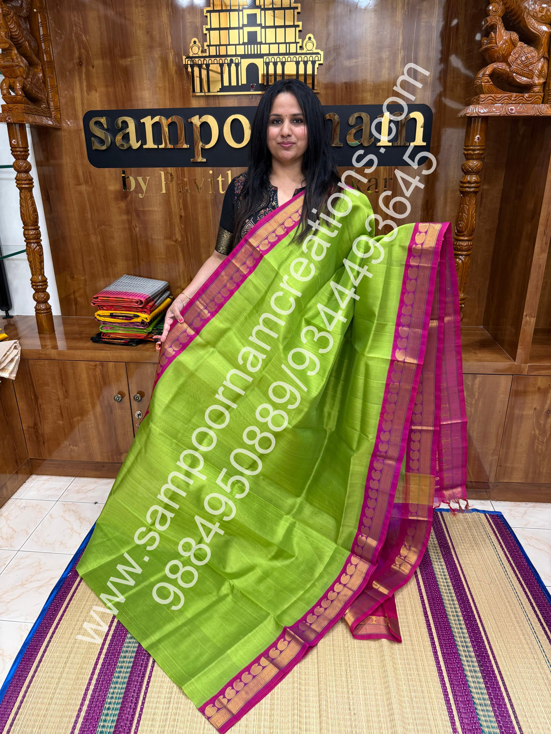 Parrot Green with Magenta , traditional borders and  rich Pallu Korvai Silk Cotton Saree