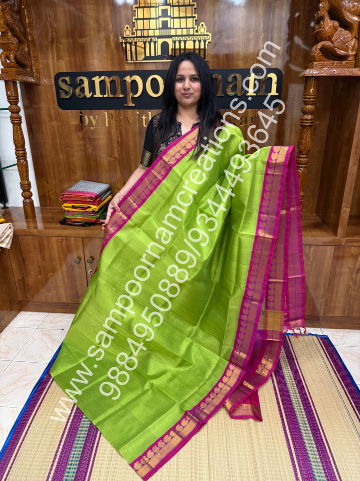 Parrot Green with Magenta , traditional borders and  rich Pallu Korvai Silk Cotton Saree