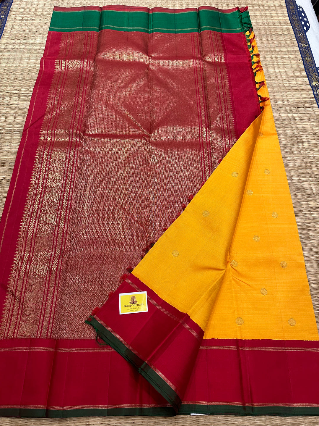 Mambazha Manjal with Ganga Jamuna Red and Green Border , Double Kanchi RIch Pallu Korvai Pure Kanjivaram Silk Saree