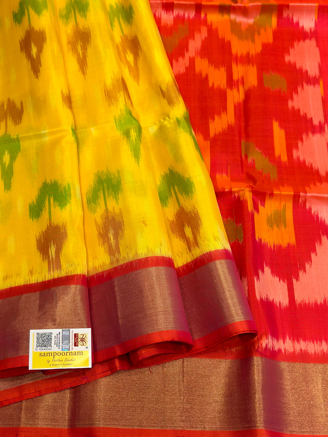 Yellow with Reddish Orange Pochampally Design Pure Soft Silk Saree