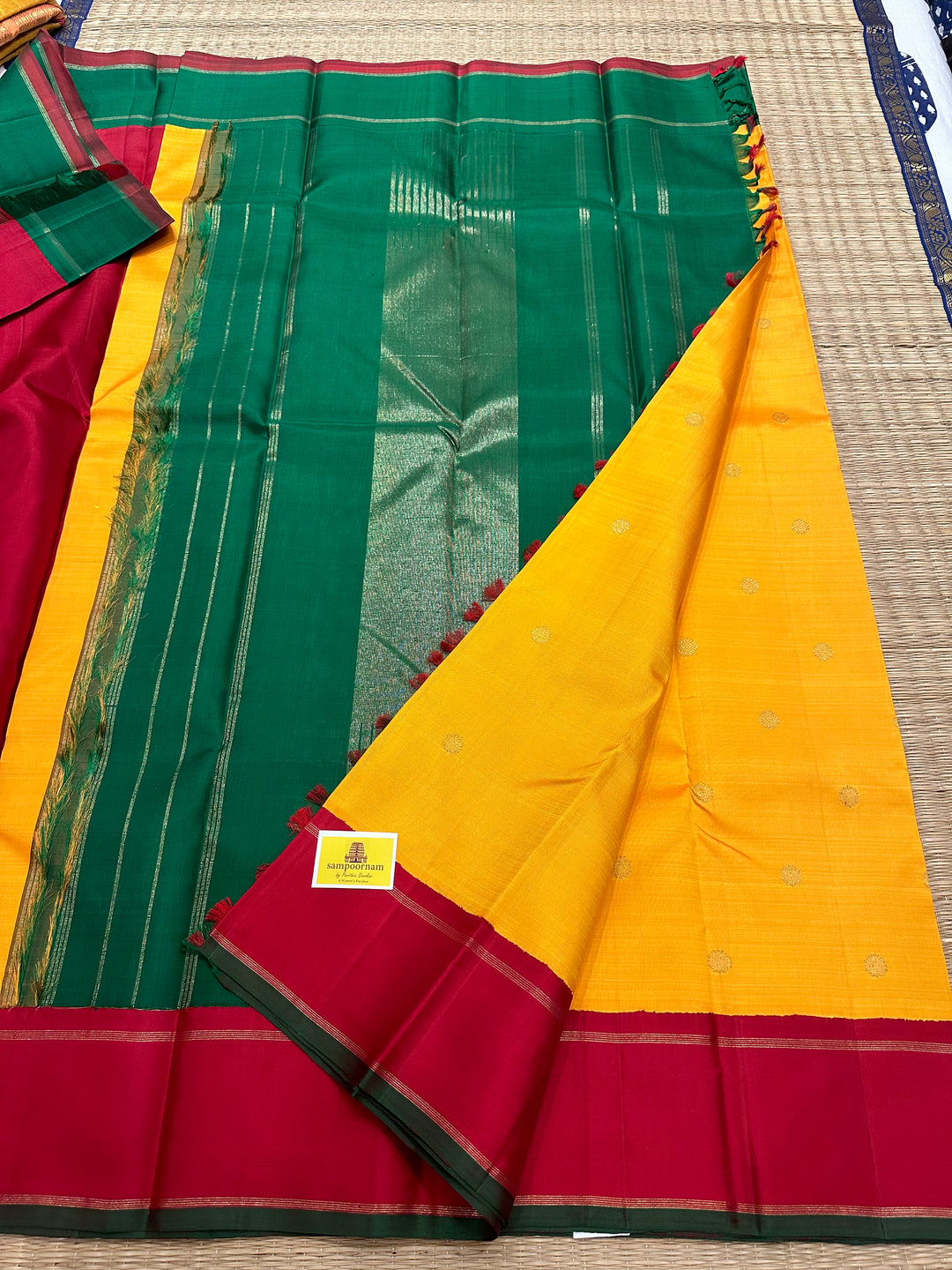 Mambazha Manjal with Ganga Jamuna Red and Green Border , Double Kanchi RIch Pallu Korvai Pure Kanjivaram Silk Saree