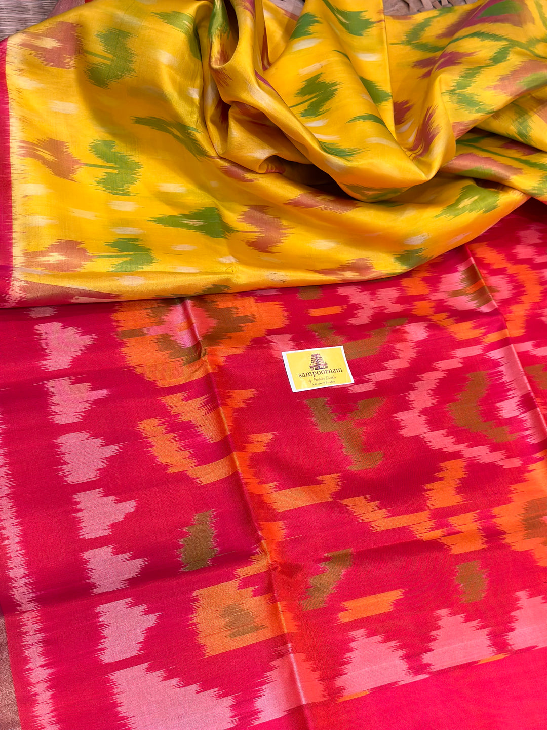 Yellow with Reddish Orange Pochampally Design Pure Soft Silk Saree