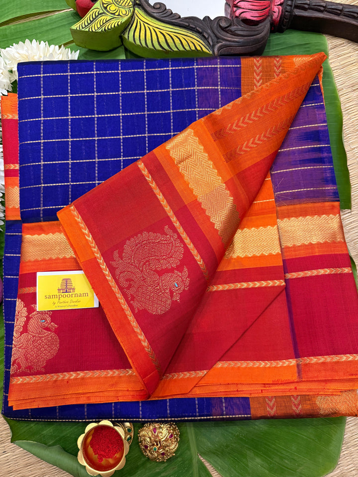 MS Blue with Orange and Red, Annam Motifs in the border and Zari Checks in the Body,  Rich Pallu Korvai Silk Cotton Saree