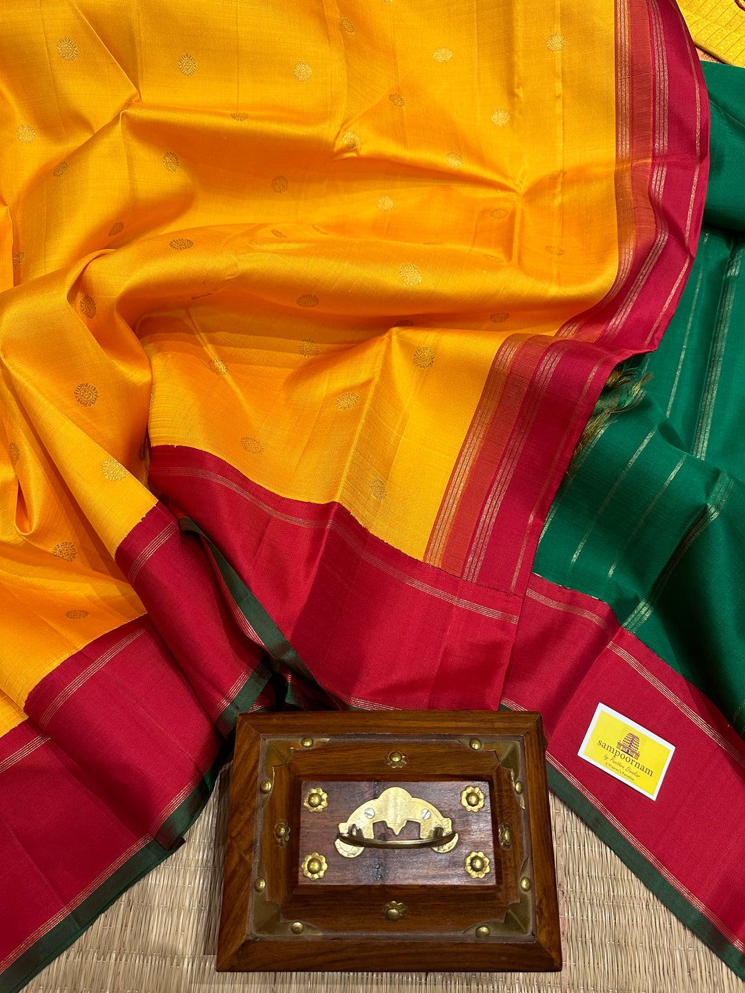 Mambazha Manjal with Ganga Jamuna Red and Green Border , Double Kanchi RIch Pallu Korvai Pure Kanjivaram Silk Saree