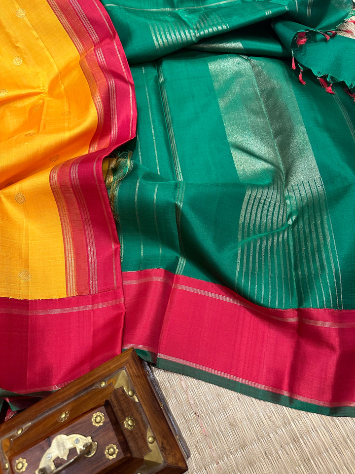 Mambazha Manjal with Ganga Jamuna Red and Green Border , Double Kanchi RIch Pallu Korvai Pure Kanjivaram Silk Saree