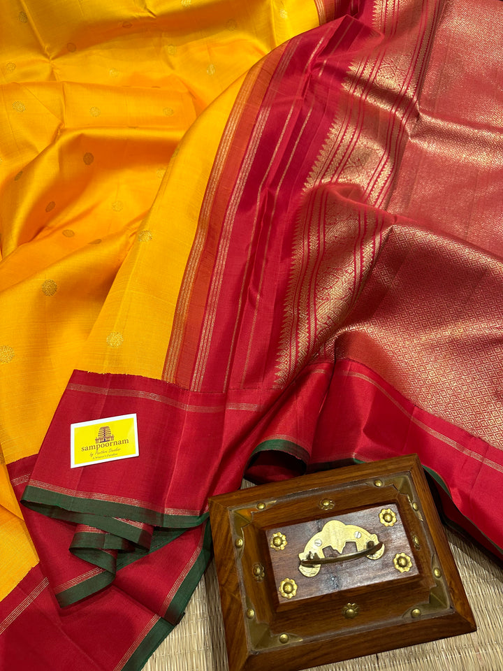 Mambazha Manjal with Ganga Jamuna Red and Green Border , Double Kanchi RIch Pallu Korvai Pure Kanjivaram Silk Saree