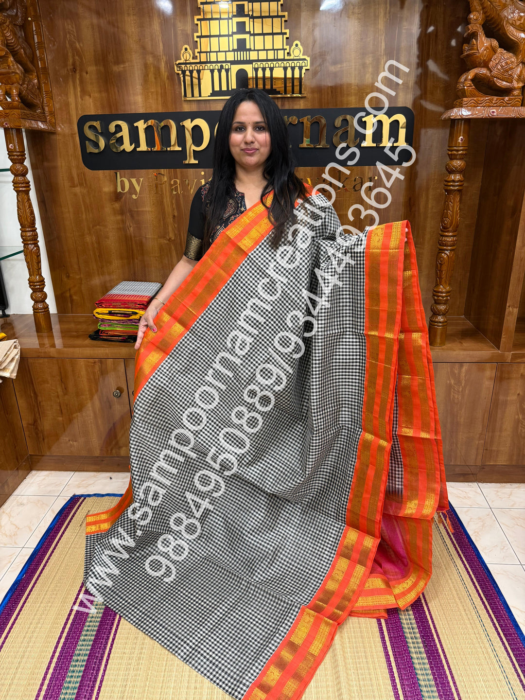 Black and White with Pink  , Pallum Pazham Podi Kattam , rettapet  borders and rich Pallu Korvai Silk Cotton Saree