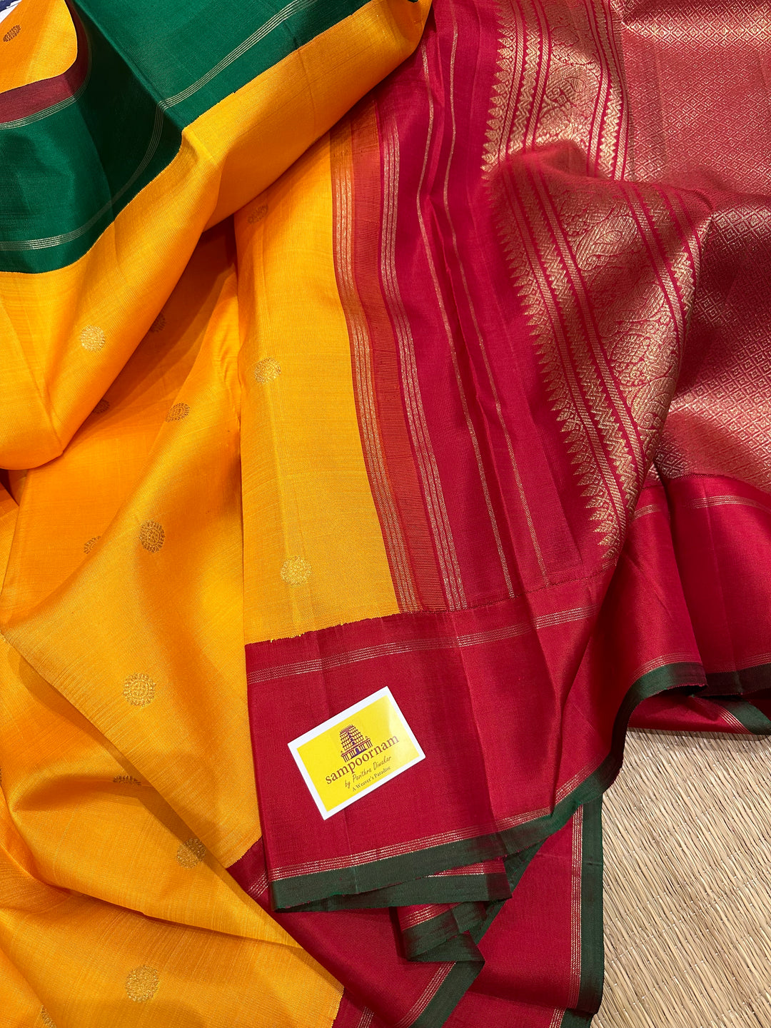 Mambazha Manjal with Ganga Jamuna Red and Green Border , Double Kanchi RIch Pallu Korvai Pure Kanjivaram Silk Saree