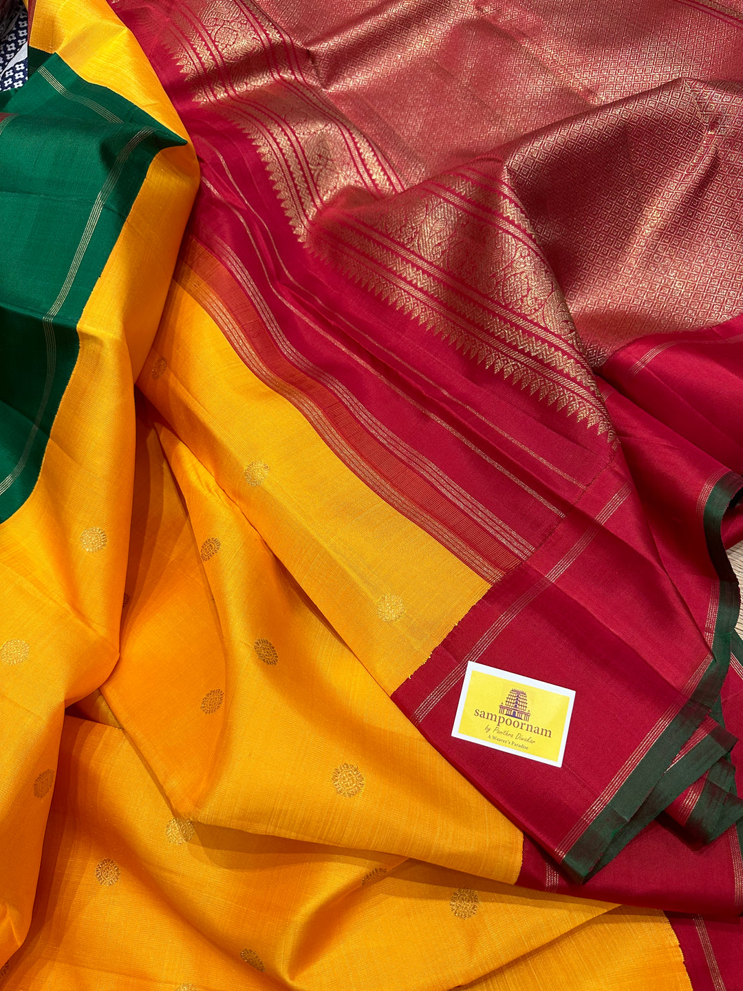 Mambazha Manjal with Ganga Jamuna Red and Green Border , Double Kanchi RIch Pallu Korvai Pure Kanjivaram Silk Saree