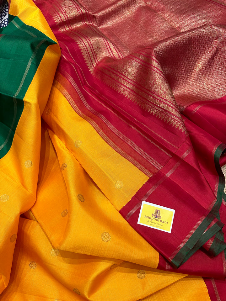 Mambazha Manjal with Ganga Jamuna Red and Green Border , Double Kanchi RIch Pallu Korvai Pure Kanjivaram Silk Saree