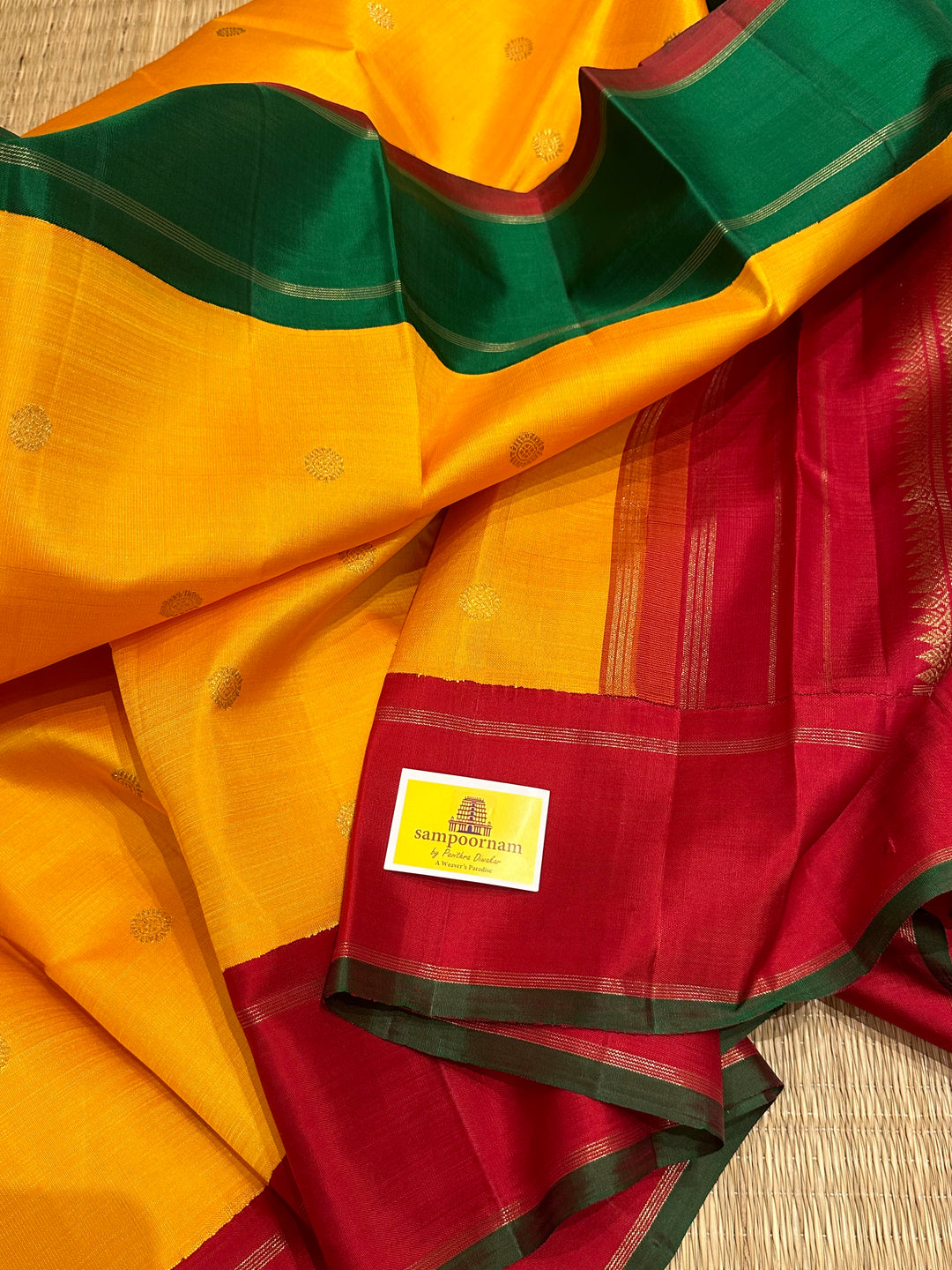 Mambazha Manjal with Ganga Jamuna Red and Green Border , Double Kanchi RIch Pallu Korvai Pure Kanjivaram Silk Saree