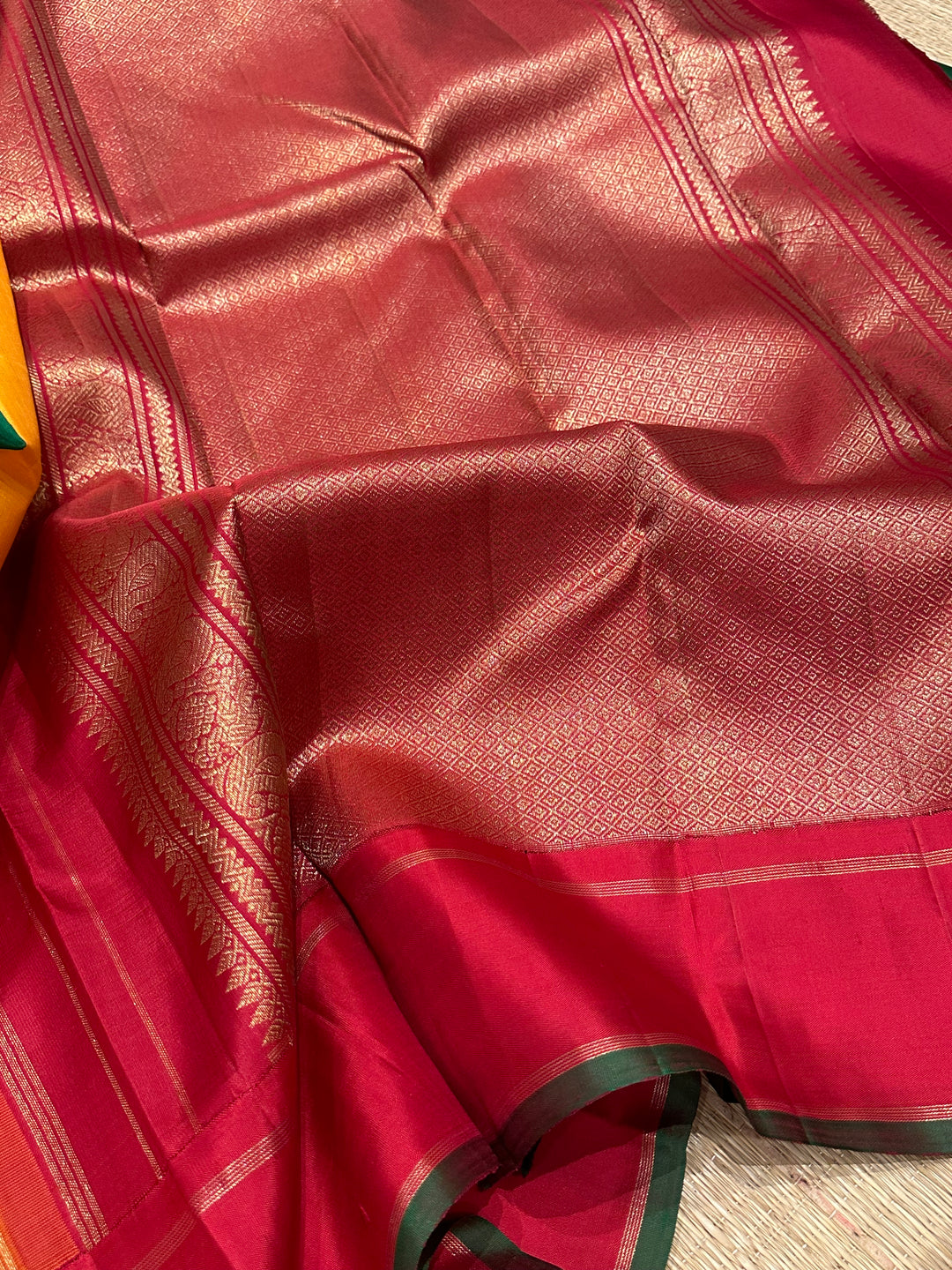 Mambazha Manjal with Ganga Jamuna Red and Green Border , Double Kanchi RIch Pallu Korvai Pure Kanjivaram Silk Saree