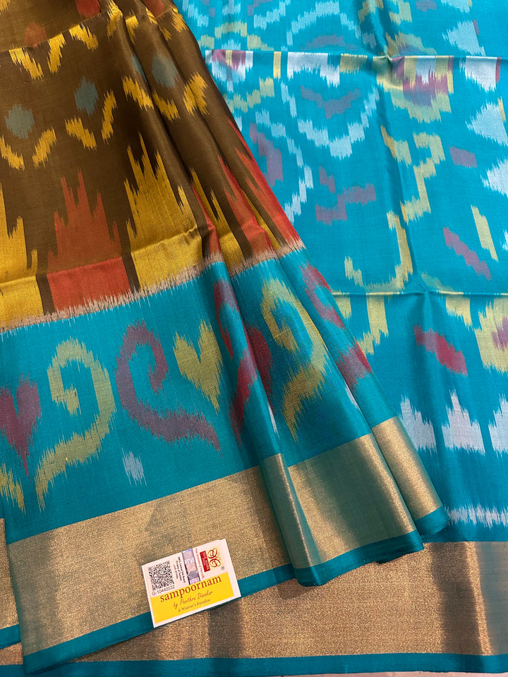 Army Green with Blue Pochampally Design Pure Soft Silk Saree