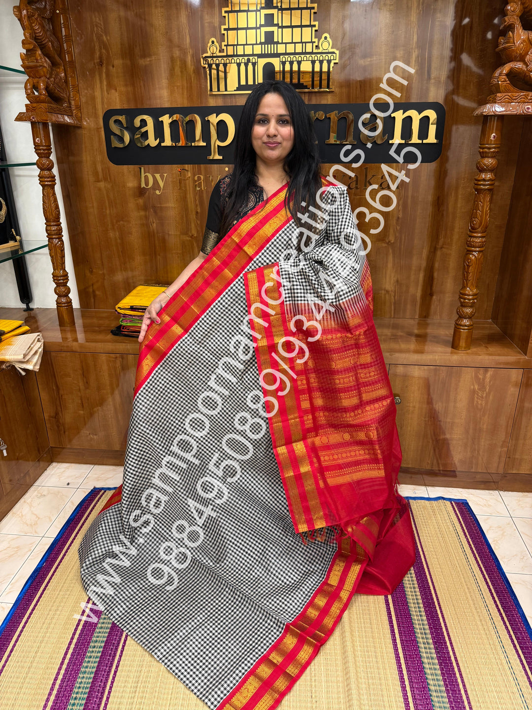 Black and White with Red  , Pallum Pazham Podi Kattam , rettapet  borders and rich Pallu Korvai Silk Cotton Saree