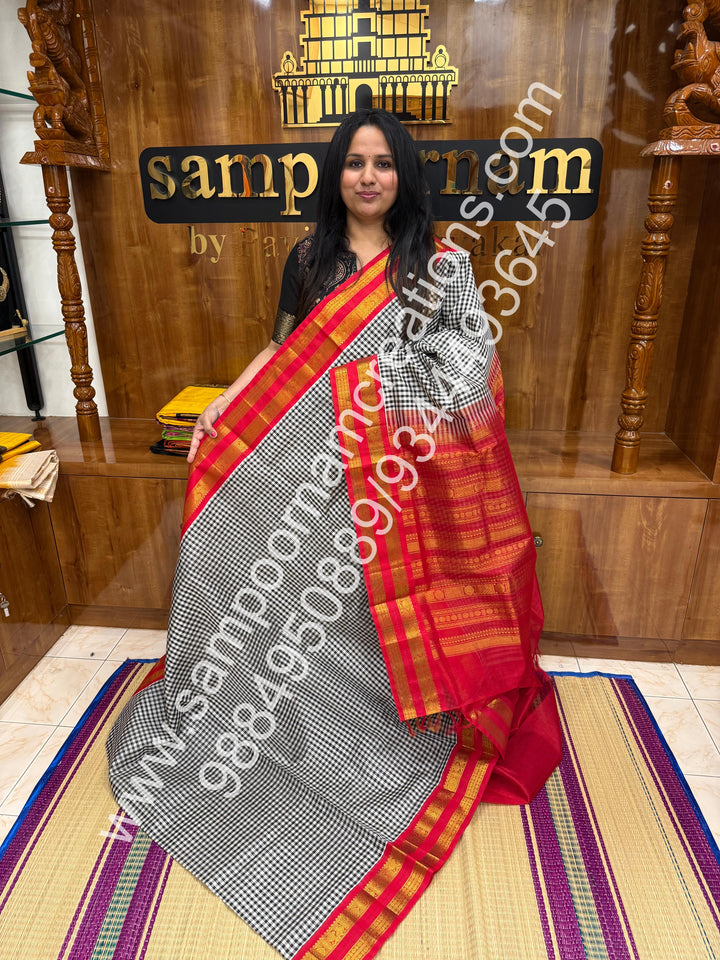 Black and White with Red  , Pallum Pazham Podi Kattam , rettapet  borders and rich Pallu Korvai Silk Cotton Saree