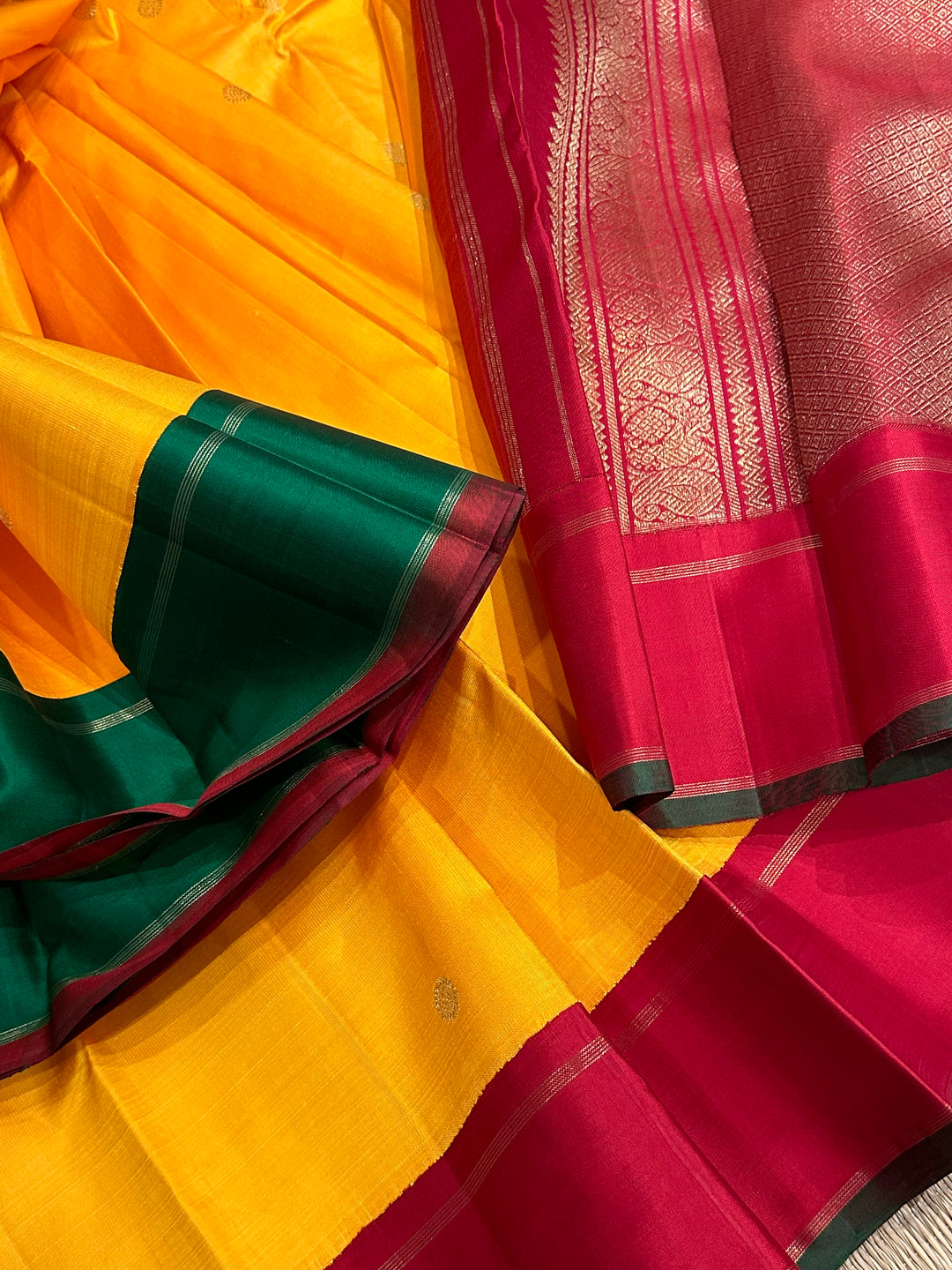 Mambazha Manjal with Ganga Jamuna Red and Green Border , Double Kanchi RIch Pallu Korvai Pure Kanjivaram Silk Saree