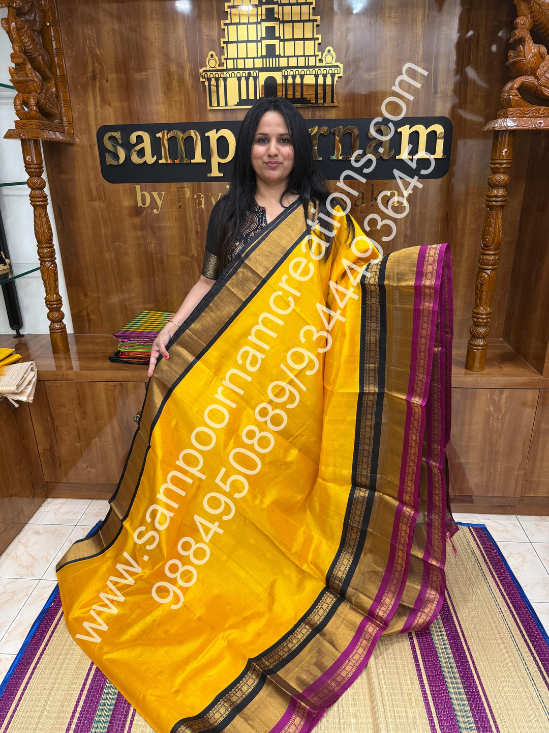 Mambazha Manjal with Black , Floral Zari butta in the body , One side triple border and rich Pallu Korvai Silk Cotton Saree