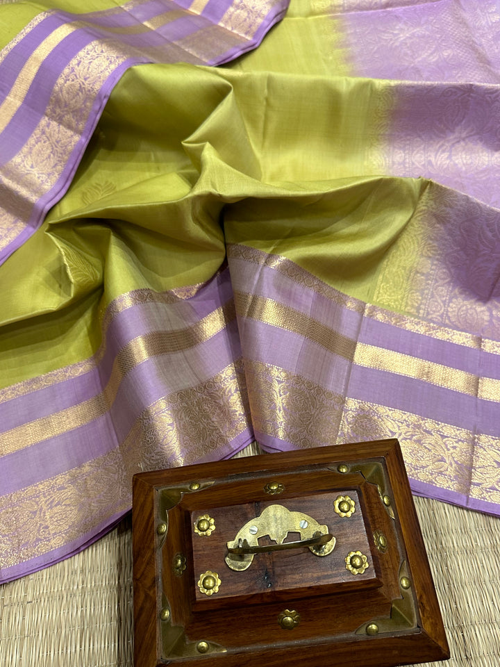 Pastel Elaichi Green with Lavender , Rich Floral Butta and Rettapet Border and Grand Pallu , Pure Soft Silk Saree