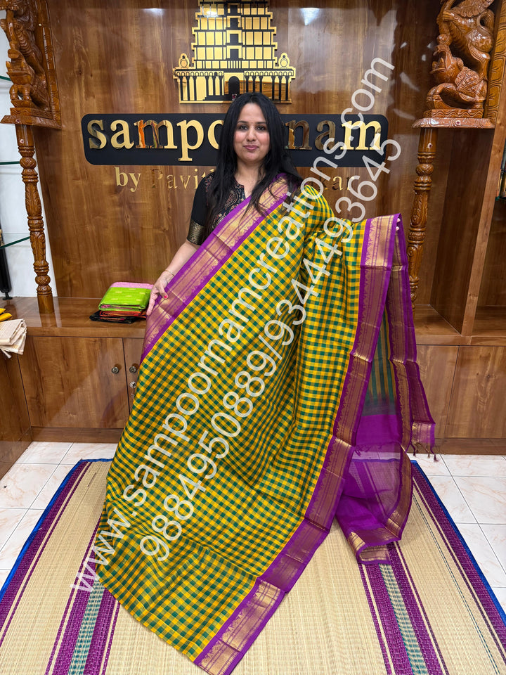 Green and Manjal with Purple , Pallum Pazham Kattam , traditional borders and rich Pallu Korvai Silk Cotton Saree