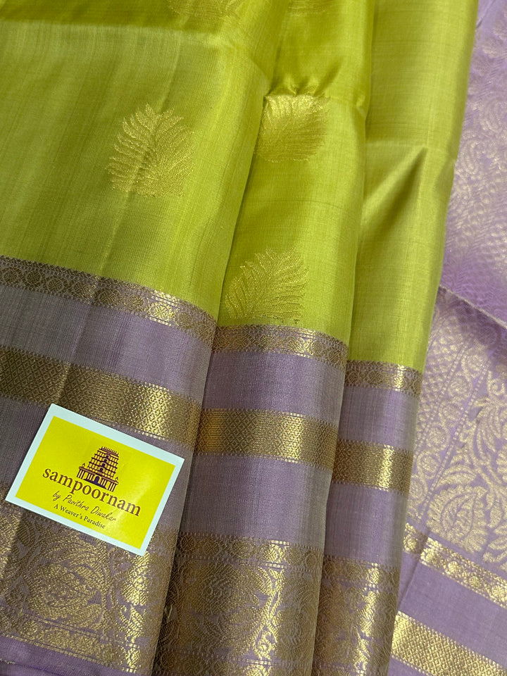 Pastel Elaichi Green with Lavender , Rich Floral Butta and Rettapet Border and Grand Pallu , Pure Soft Silk Saree