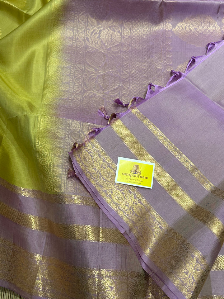 Pastel Elaichi Green with Lavender , Rich Floral Butta and Rettapet Border and Grand Pallu , Pure Soft Silk Saree