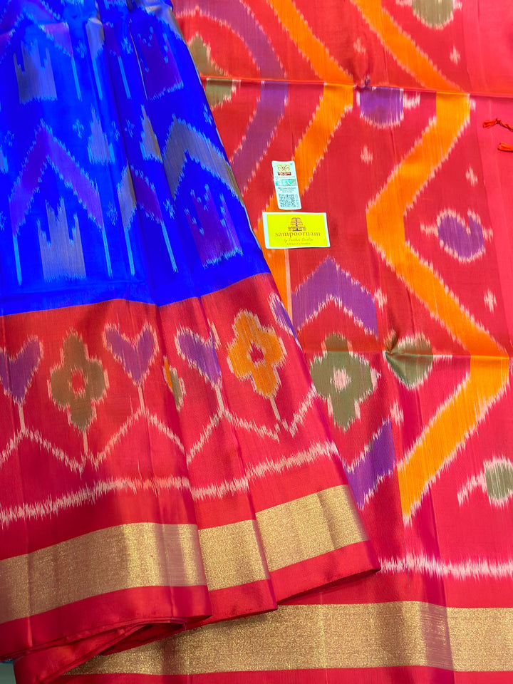 Blue with Orangish Red Pure Soft Silk Saree