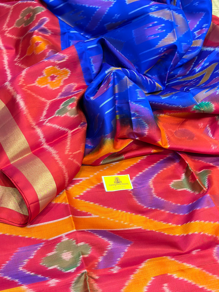 Blue with Orangish Red Pure Soft Silk Saree