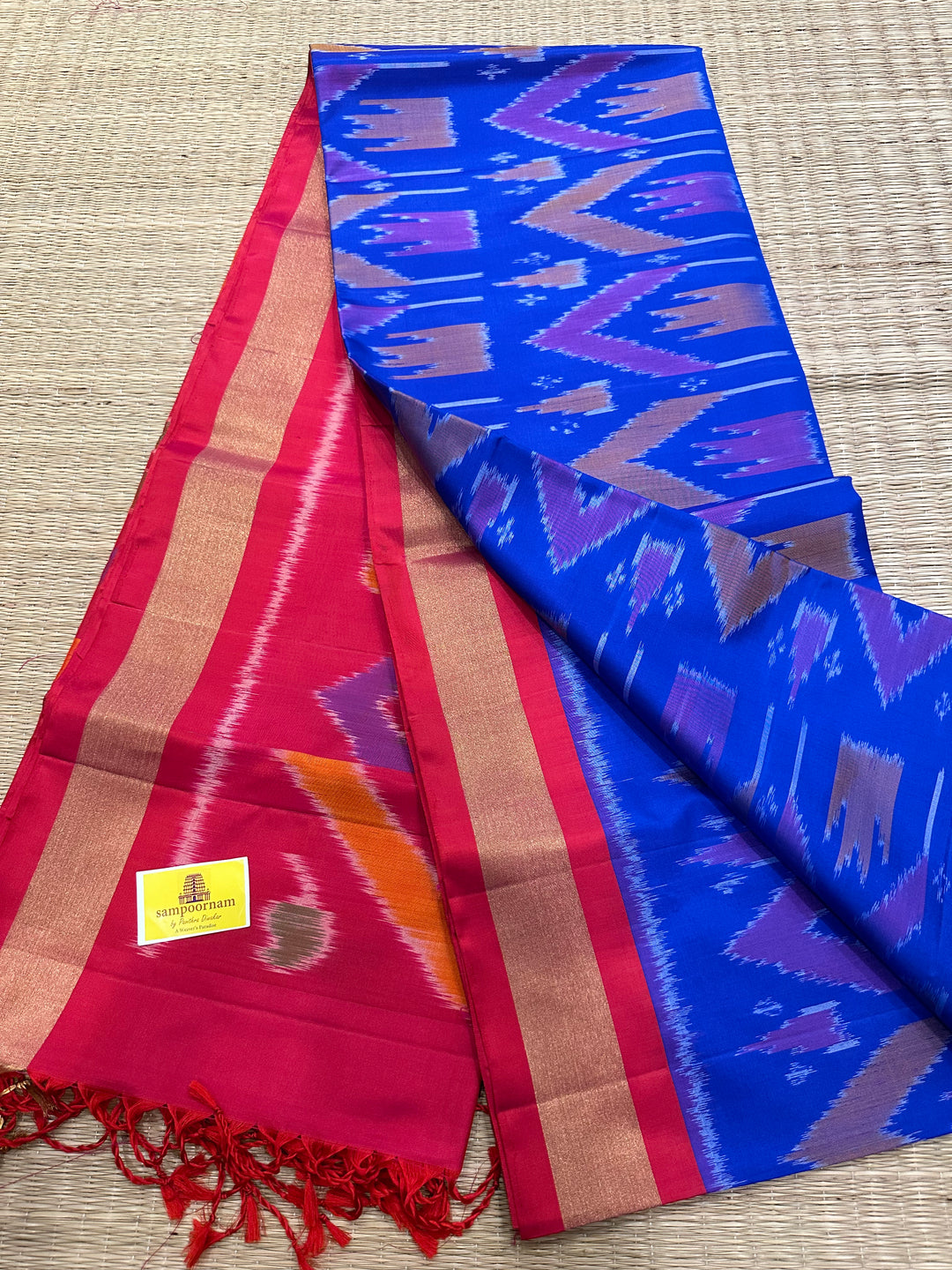 Blue with Orangish Red Pure Soft Silk Saree