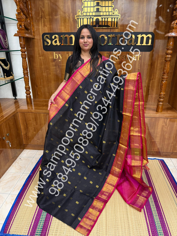 Black with Pink , Annam and Mango  Zari butta in the body , traditional Silk  border and rich Pallu Korvai Silk Cotton Saree