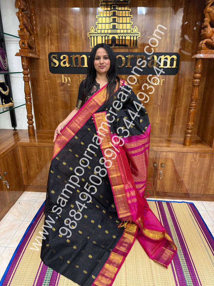 Black with Pink , Annam and Mango  Zari butta in the body , traditional Silk  border and rich Pallu Korvai Silk Cotton Saree