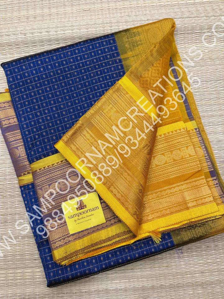 Blue with Lemon Yellow, Rettapet Border and Rich Zari Lakshadeepam Buttas all over the Body and Grand Pallu, Pure Silk Cotton Saree
