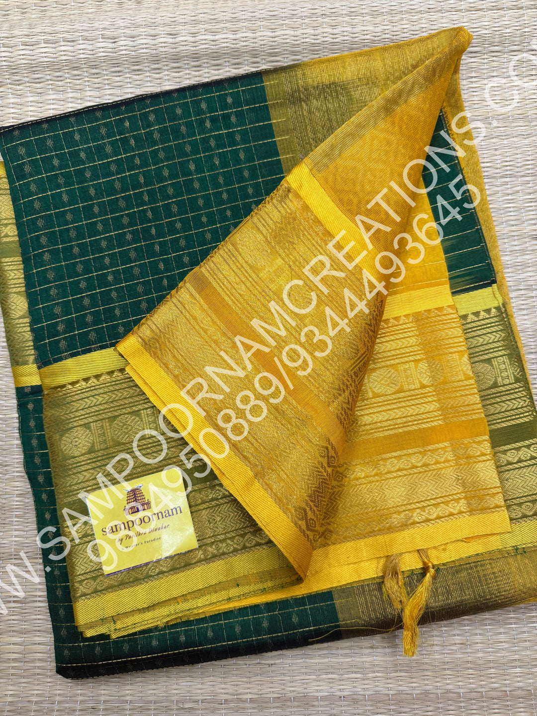 Green with Lemon Yellow, Rettapet Border and Rich Zari Lakshadeepam Buttas all over the Body and Grand Pallu, Pure Silk Cotton Saree
