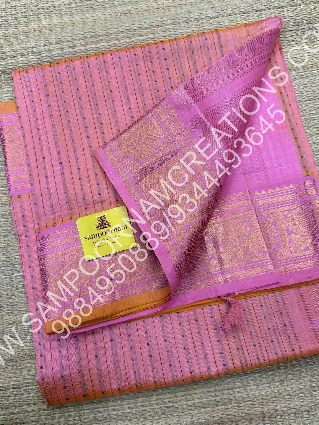 Peach Pink, Rich Traditional Borders and Lakshadeepam Thread Buttas all over the Body and Grand Pallu, Pure Silk Cotton Saree