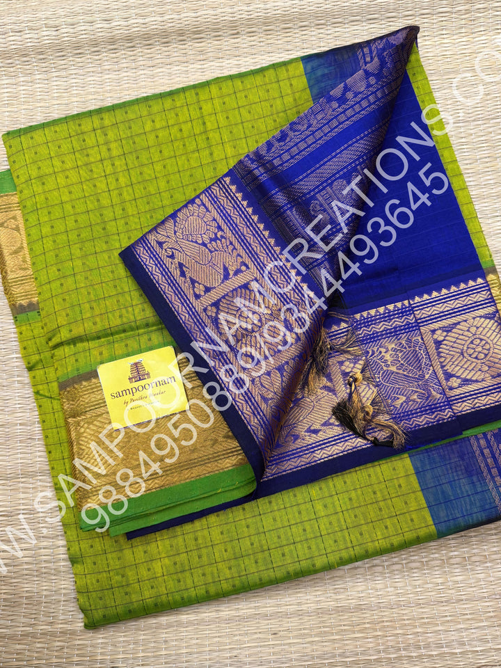 Leaf Green with Blue, Rich Traditional Borders and Lakshadeepam Thread Buttas all over the Body and Grand Pallu, Pure Silk Cotton Saree