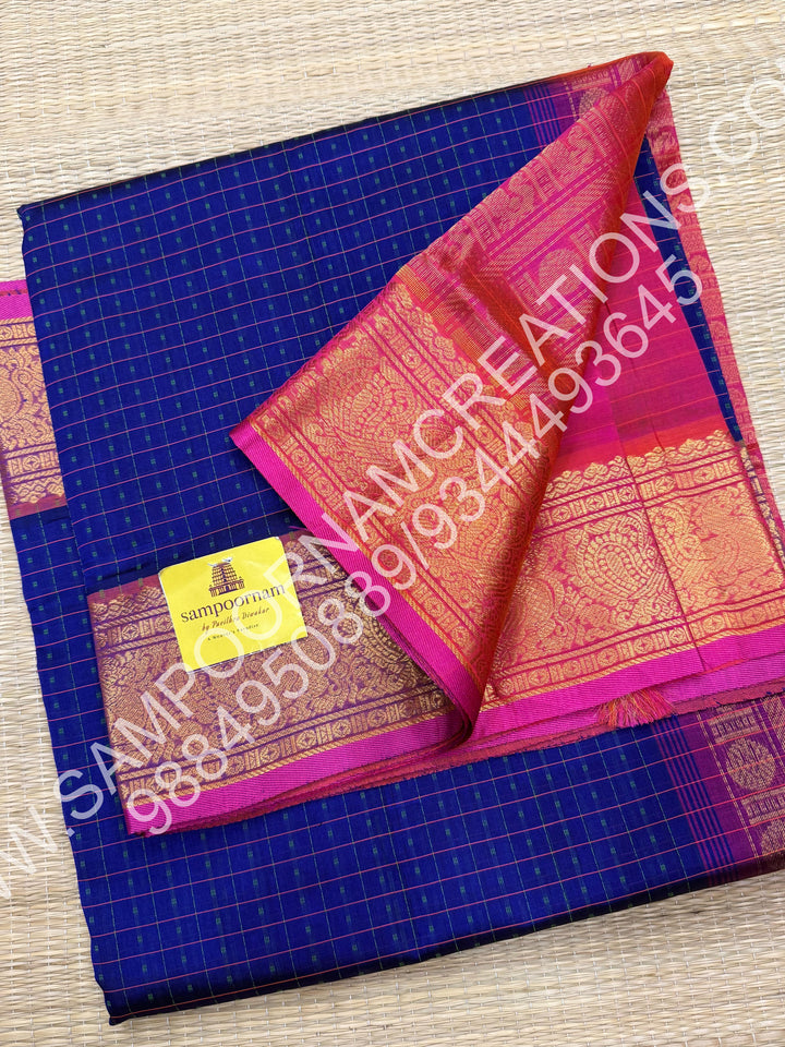 Blue with Pink, Rich Traditional Borders and Lakshadeepam Thread Buttas all over the Body and Grand Pallu, Pure Silk Cotton Saree