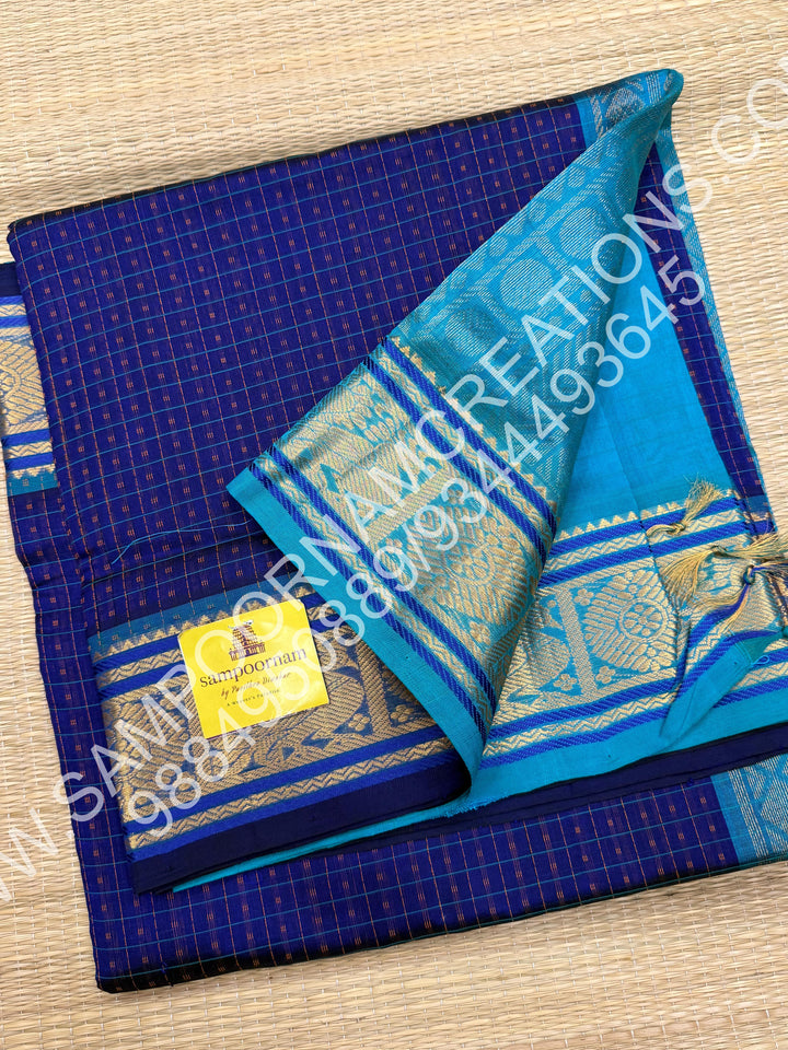 Dark Blue with Light Blue, Rich Traditional Borders and Lakshadeepam Thread Buttas all over the Body and Grand Pallu, Pure Silk Cotton Saree