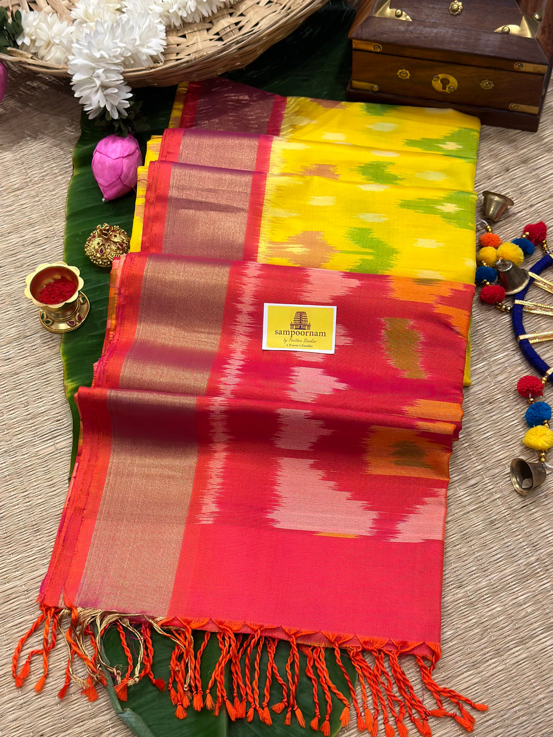 Yellow with Reddish Orange Pochampally Design Pure Soft Silk Saree