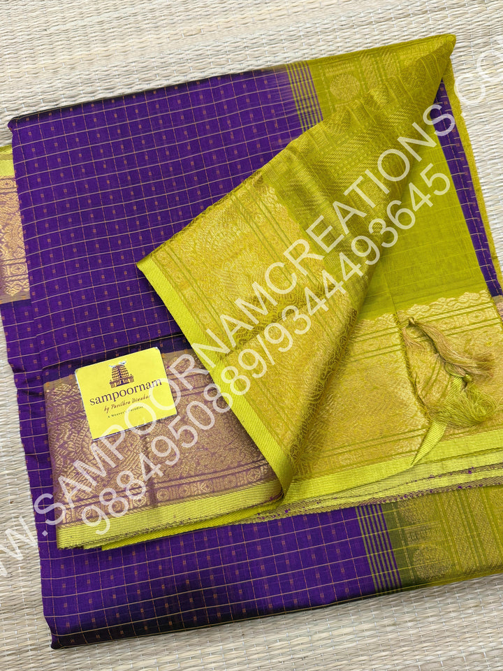 Purple with Lemon Yellow, Rich Traditional Borders and Lakshadeepam Thread Buttas all over the Body and Grand Pallu, Pure Silk Cotton Saree