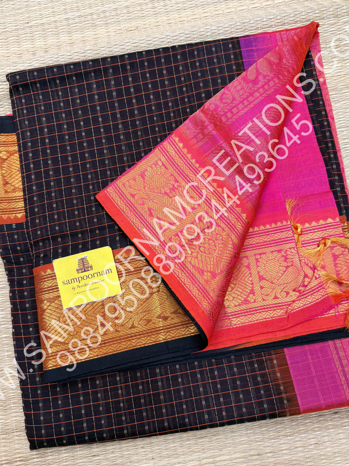 Coffee Brown with Pink, Rich Traditional Borders and Lakshadeepam Thread Buttas all over the Body and Grand Pallu, Pure Silk Cotton Saree
