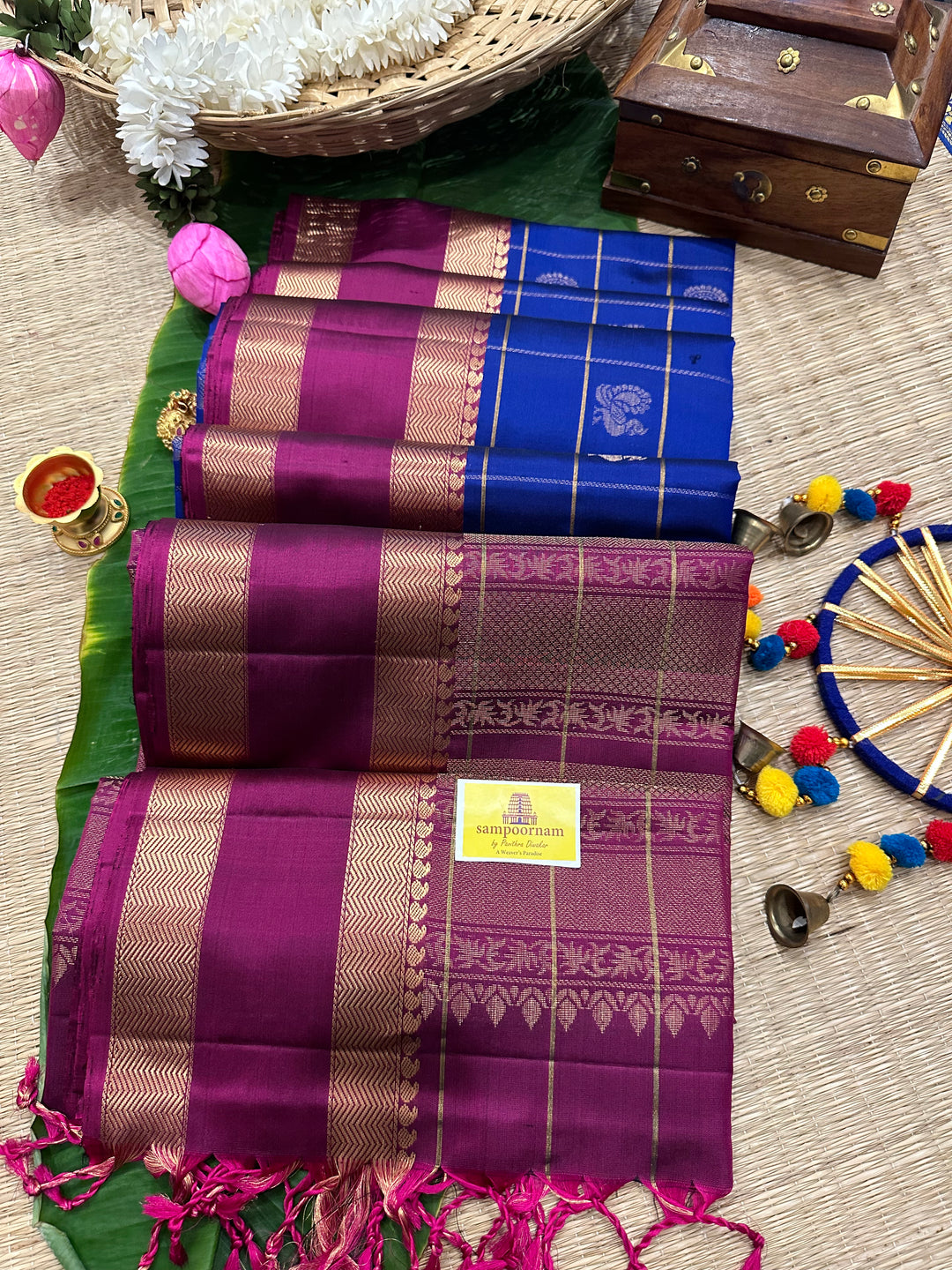 Blue with Magenta Mayil Chakram Zari Checks Pure Soft Silk Saree