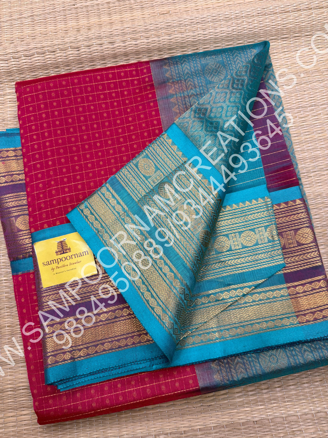 Rose Pink with Turquoise Blue, Rich Traditional Borders and Lakshadeepam Zari Buttas all over the Body and Grand Pallu, Pure Silk Cotton Saree